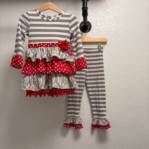 Counting Daisies 2 piece Outfit Girls Size 3T grey/ red stripes and polka dots